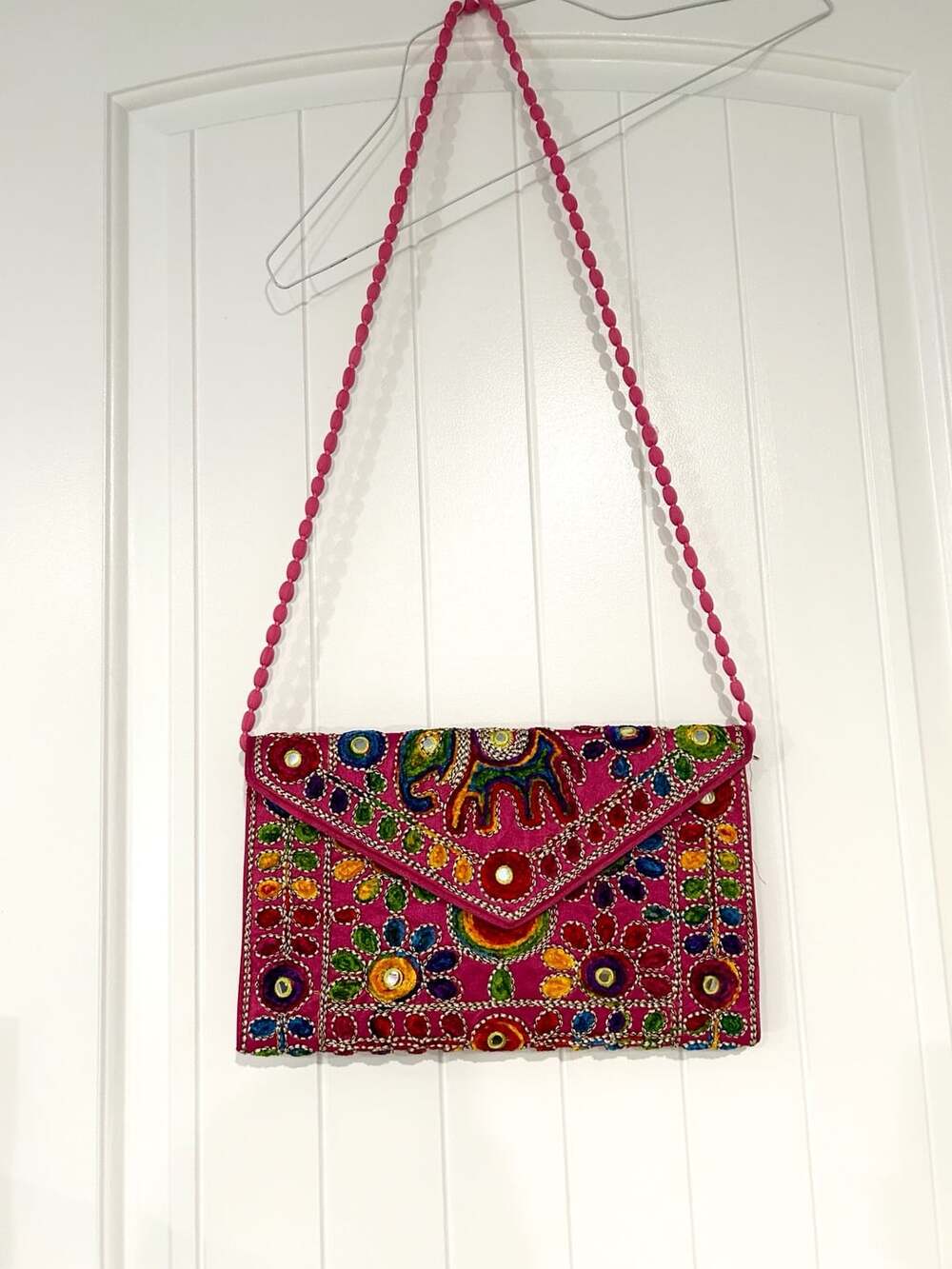 Pink Embroidered Elephant Crossbody Clutch Bag with Pom Pom Strap and Mirror Wor